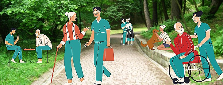 Foto mit Patienten und Pflegepersonen