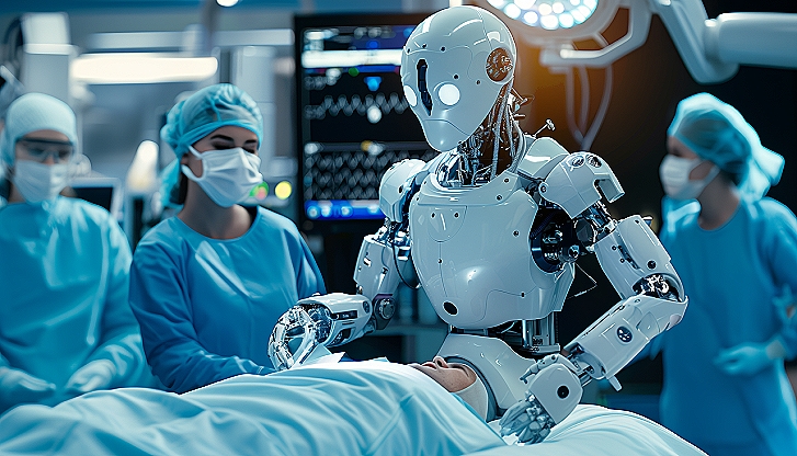 Foto mit Ärzte und 1 Roboter der operieren wird