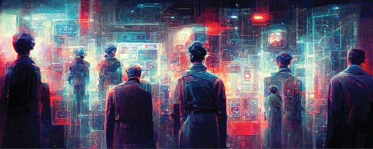 Foto Düsteres Bild mit hellen Digitalen Systemen wie Rechenzentrum und schattenhaften Personen davor