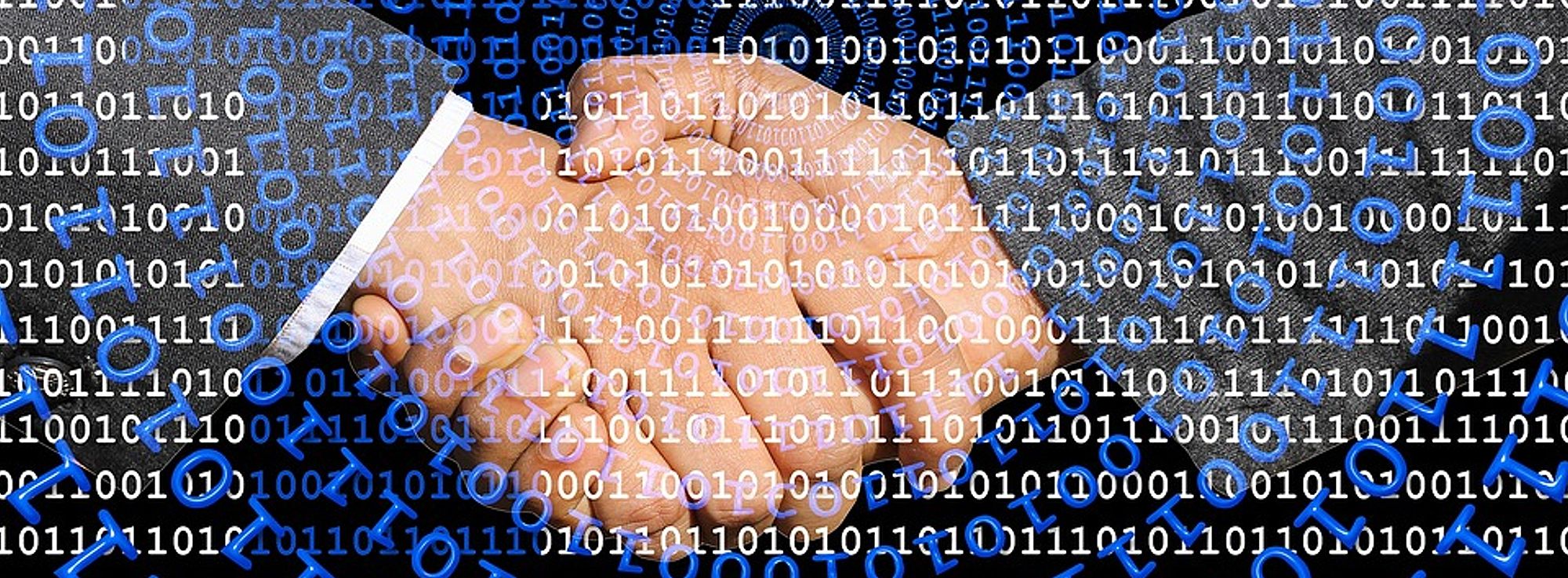 Binärmatrix über 2 Hände mit Handschlag