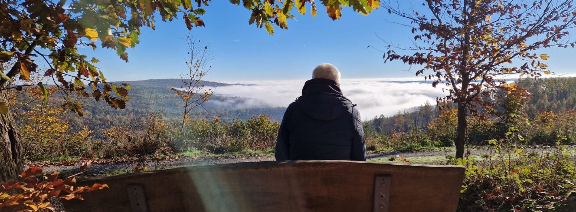 Schlussbild: Mann sitzt auf eine Bank und schaut über den Spessart über den ein Nebelfeld wie eine Wolke liegt, 