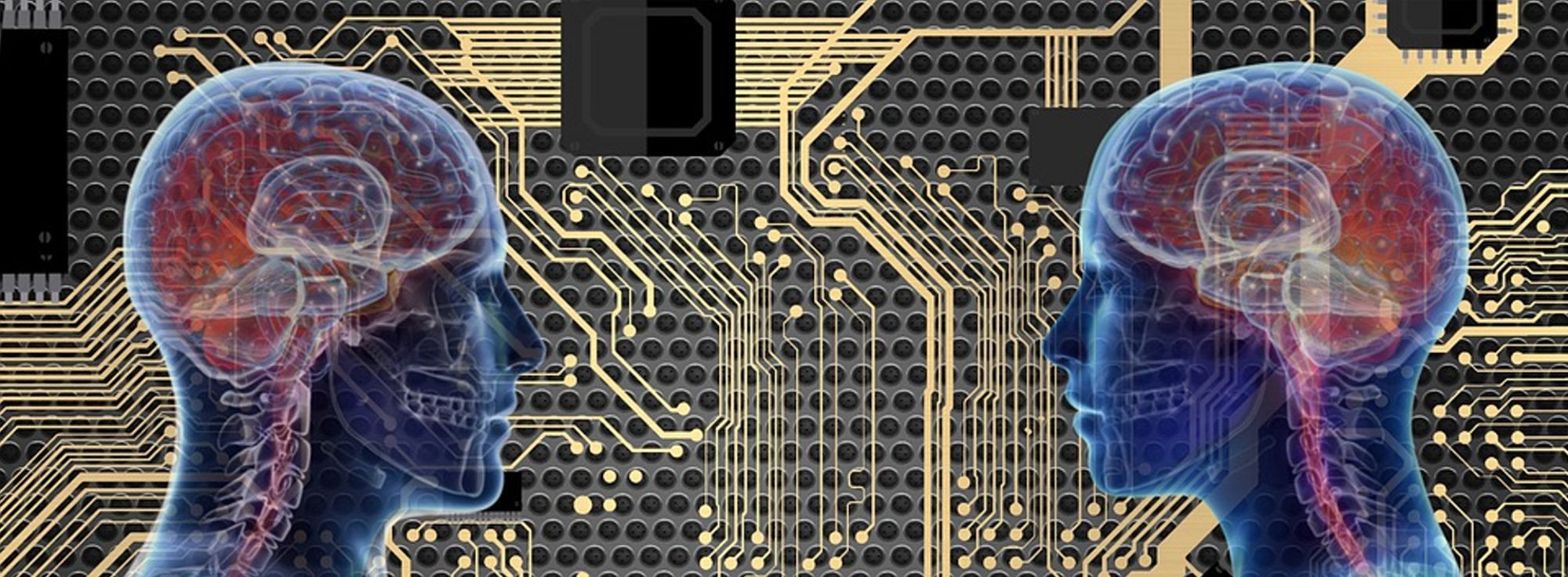 Zwei identische KI-Köpfe vor einem Motherboard blicken sich an: Links das göttliche Potenzial, rechts die teuflische Gefahr, die sich als perfektes Spiegelbild tarnt.