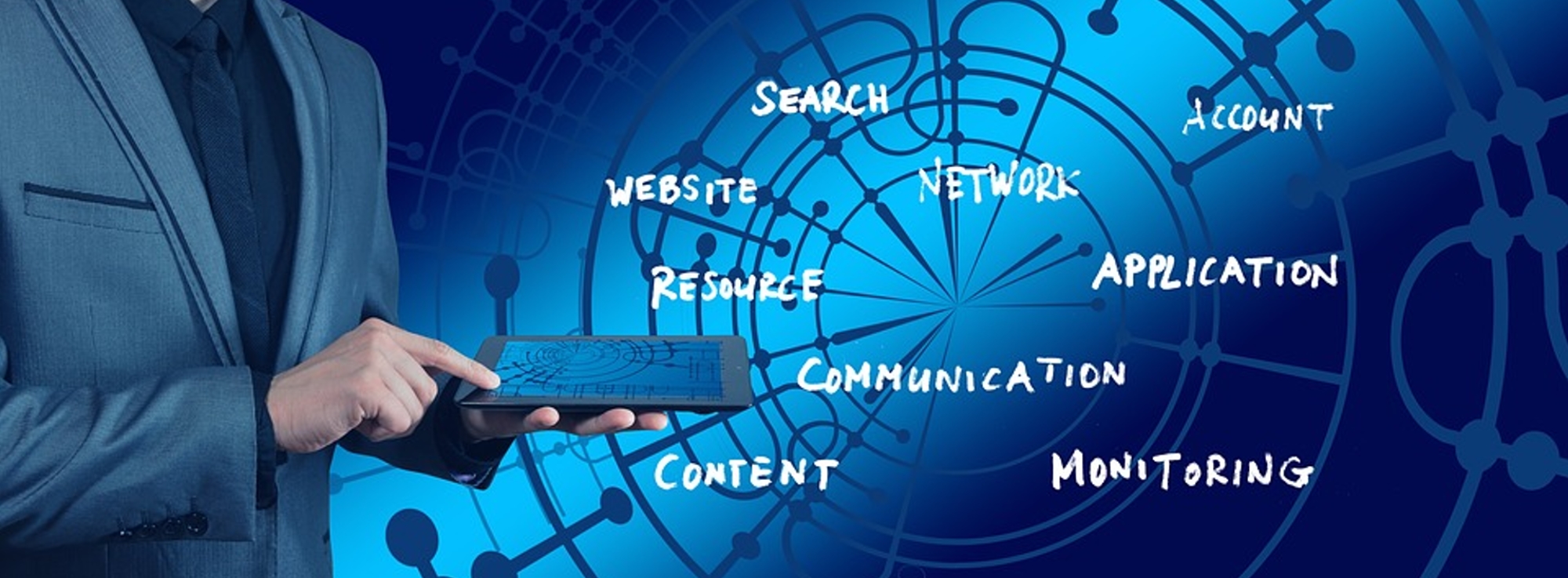 Mann mit Handy vor Hintergrund Text SEARCH  ACCOUNT  WEBSITE  NETWORK  RESOURCE   APPLICATION  COMMUNICATION  CONTENT  MONITORING