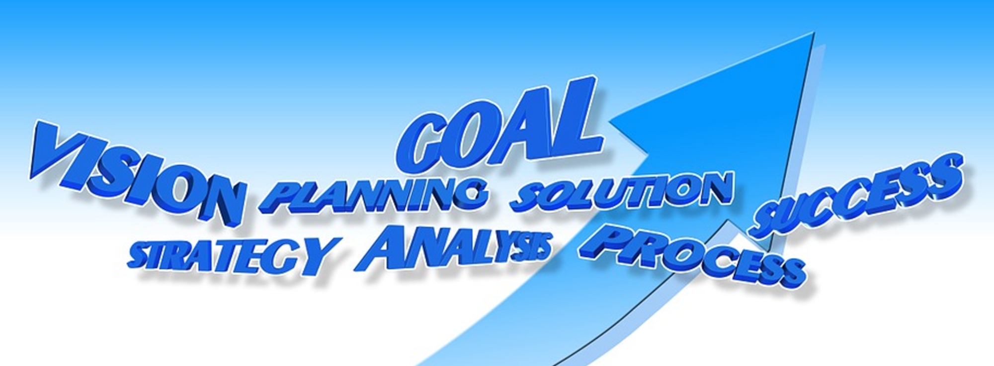 großer Pfeil nach oben mit Text GOAL VISION  PLANNING  SOLUTION  STRATEGY ANALYSIS  PROCESS
